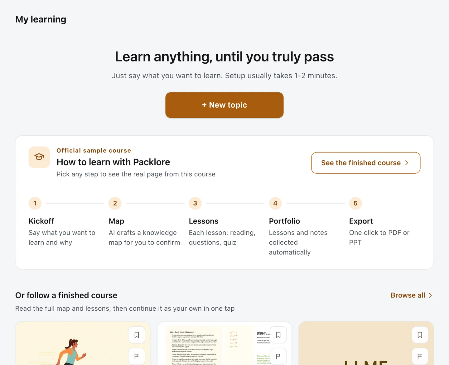 The home page with no courses yet: one solid button, "+ New topic", and below it the five steps a course goes through - each one links into this sample course