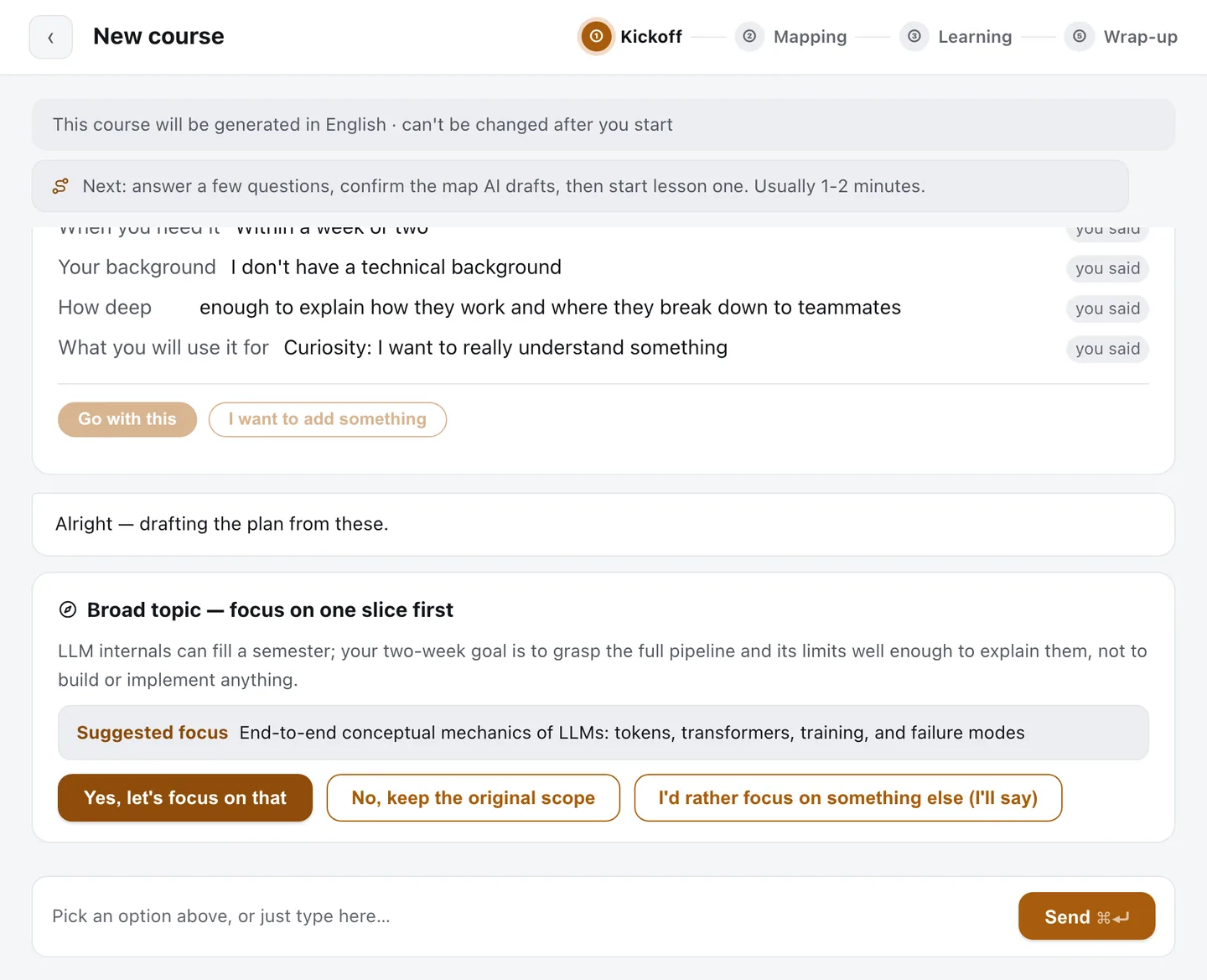 The focus card when a topic is too broad: a suggested slice, with the option to keep the original scope or pick your own
