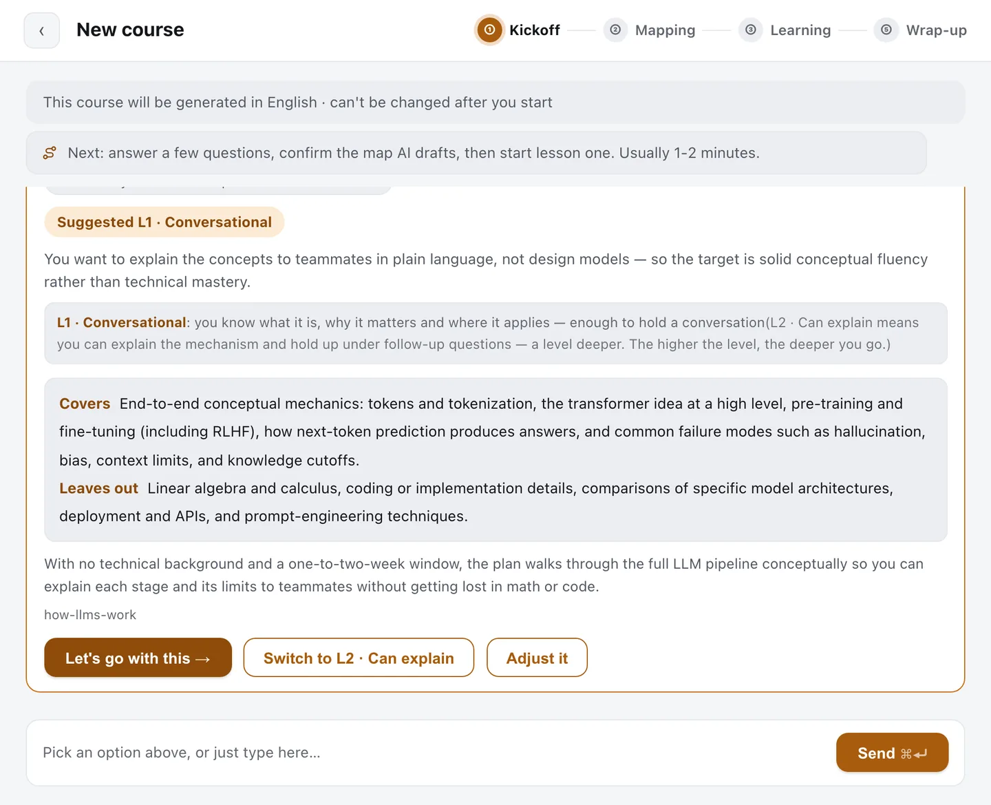The plan card: the suggested level, what the course covers, and what it leaves out