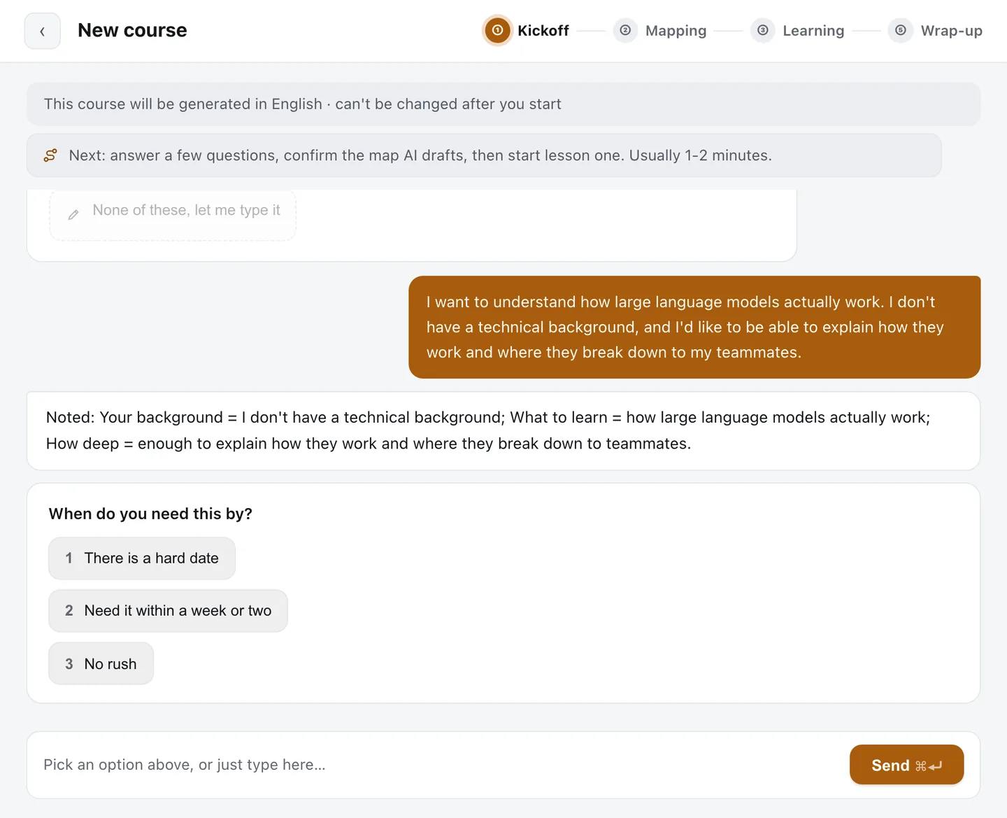 After you say what you want, Packlore repeats back what it heard and asks the next question