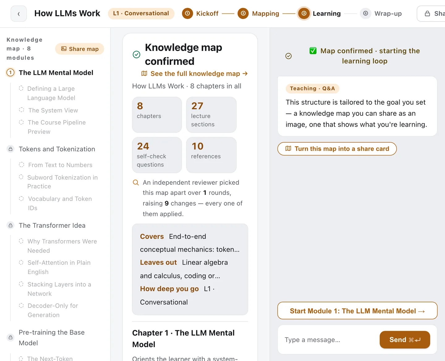 After the map is confirmed: the course overview counts the chapters, lesson sections, self-check questions and references, with "Start Module 1" on the right