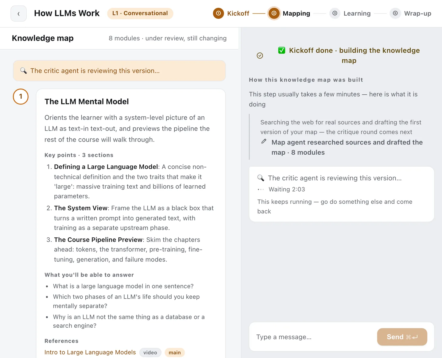 Mapping in progress: one AI researches sources and drafts the map, an independent critic agent reviews it, then it gets revised
