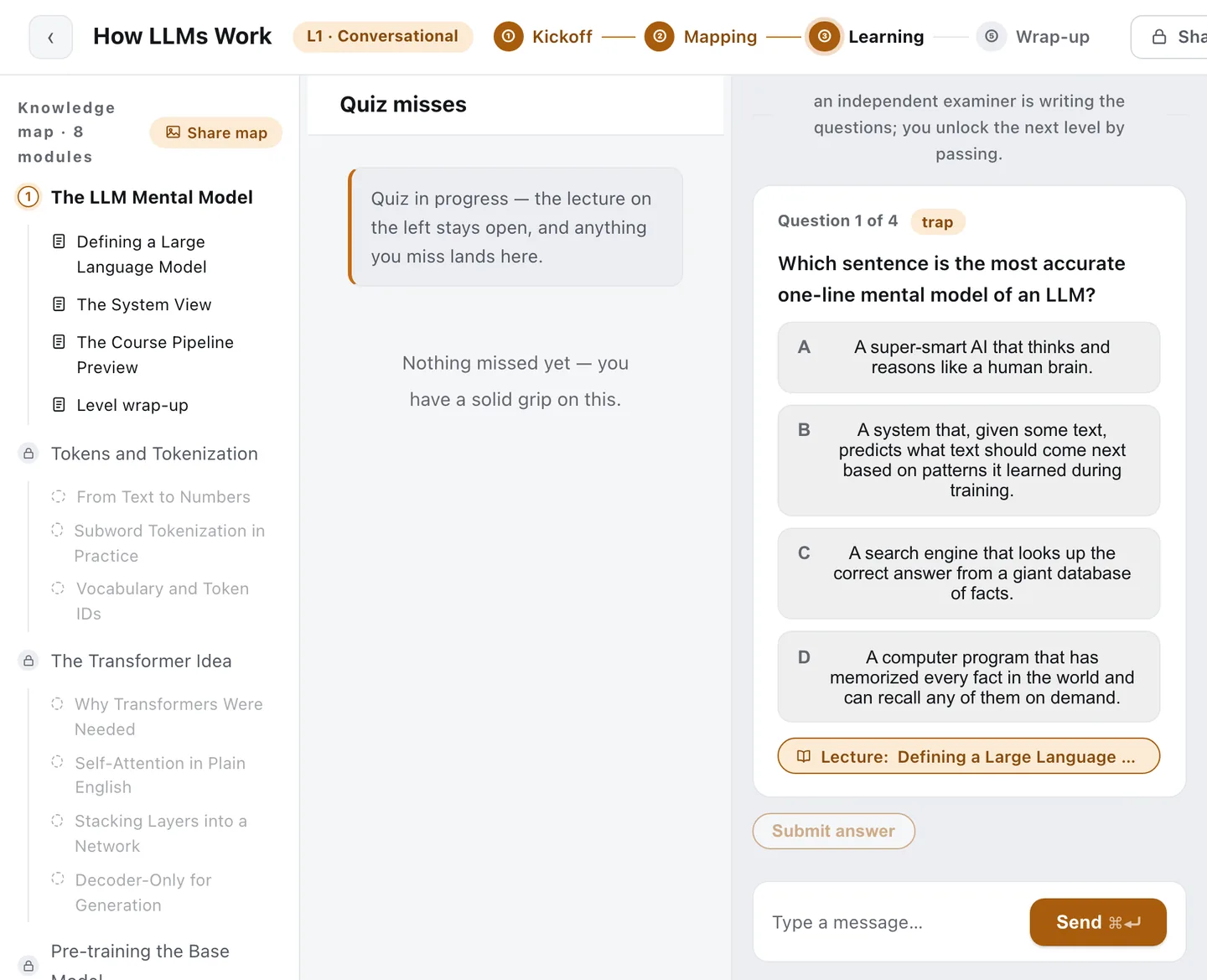 The quiz in progress: question one and its options on the right, with a "find it in the lesson" button; the Missed questions panel in the middle still says there is nothing in it